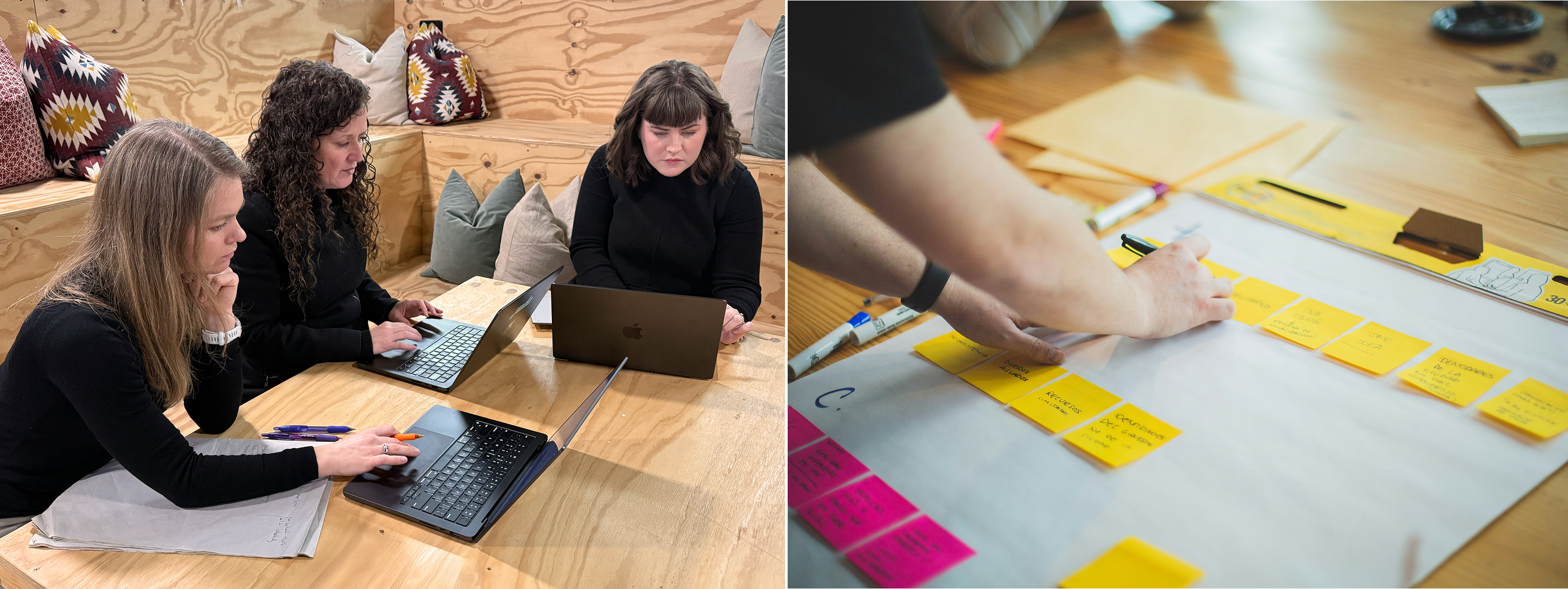 Image of the project team collaborating together at a office desk on their laptops, and drawing on post-it notes to map out a user journey.