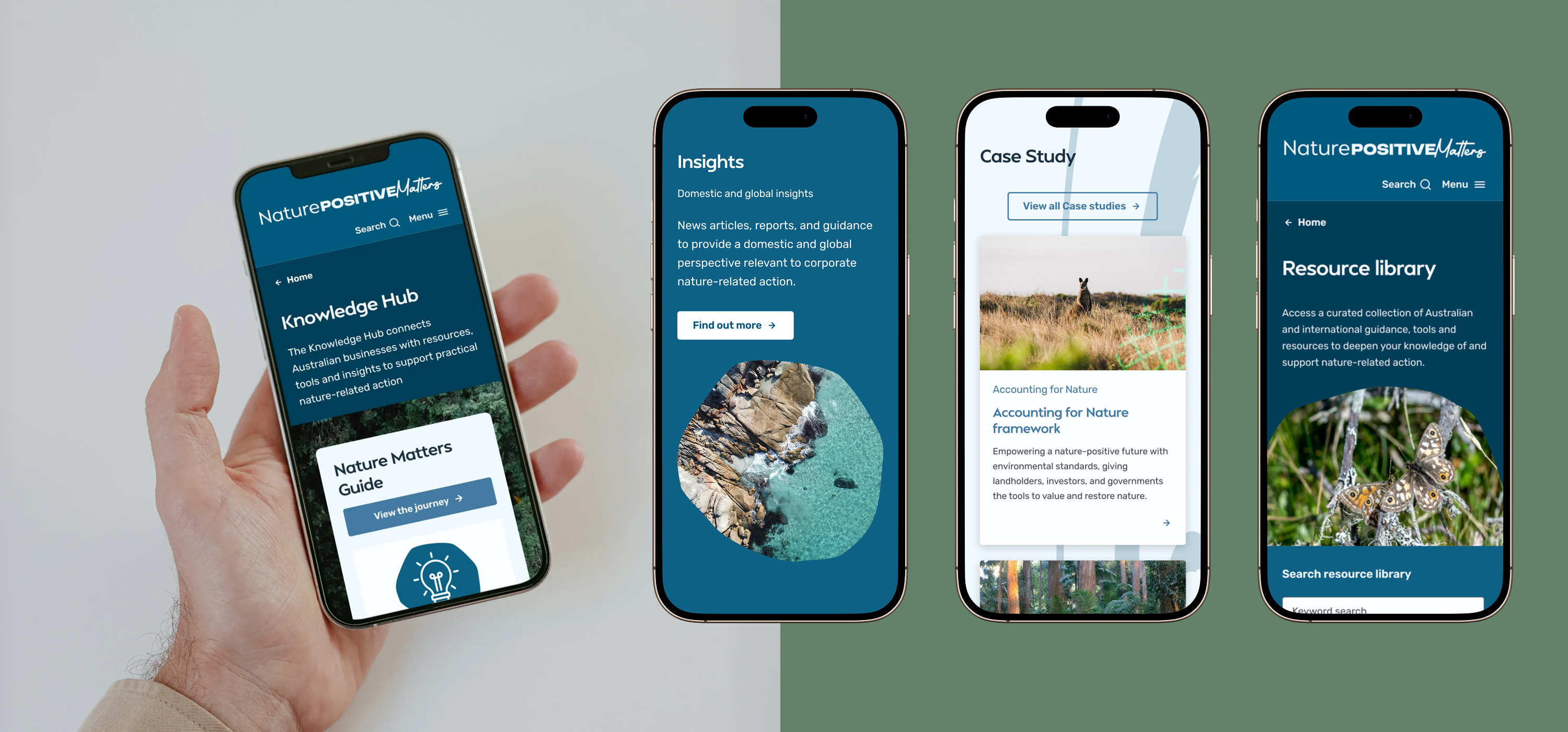 A smartphone and three mobile screens showing the Knowledge Hub's digital library, including Insights, Case Study and Resource library pages, beside the headline 'A digital library of resources to support nature related action'.