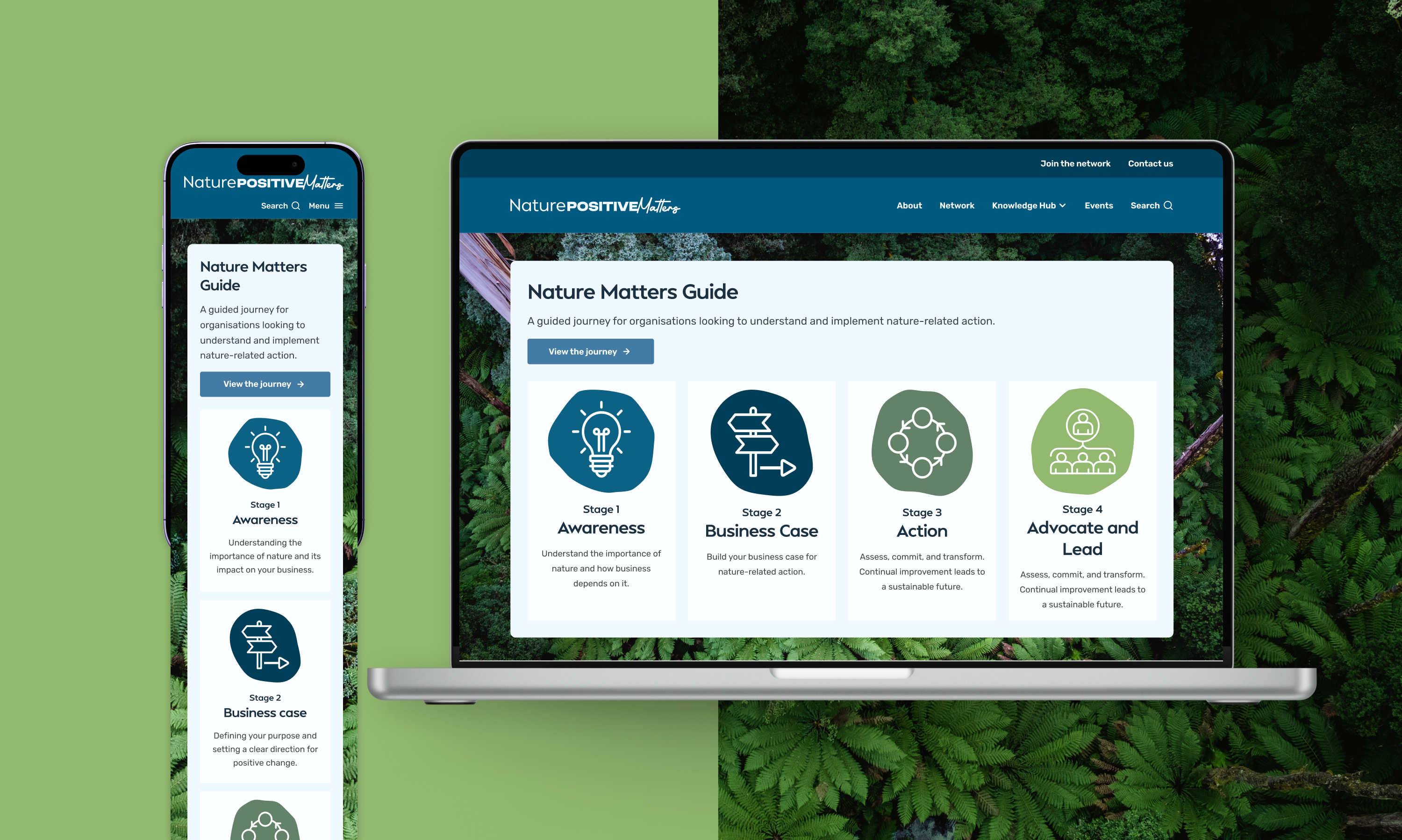 A laptop and smartphone showing the Nature Matters Guide, a four-stage journey from Awareness and Business Case to Action and Advocate and Lead, set against a green foliage background.
