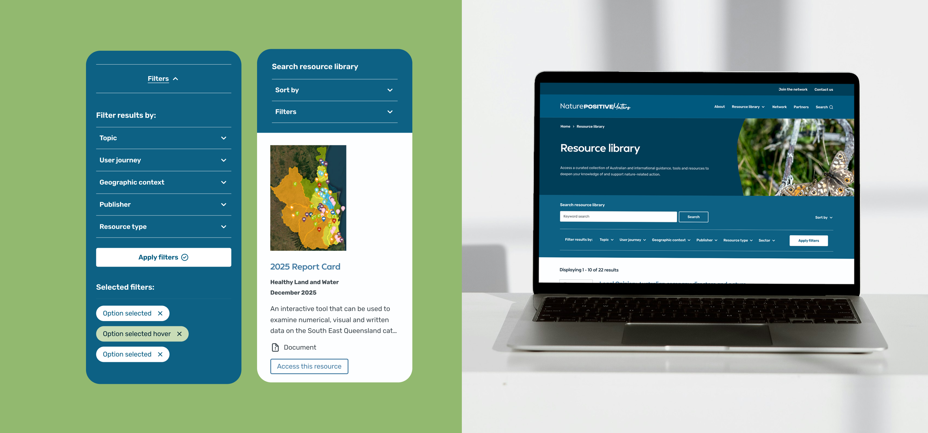 A laptop showing the Knowledge Hub Resource library page beside a mobile filter panel, highlighting multiple filter options for quick results, clear scannable results and support for search refinement.