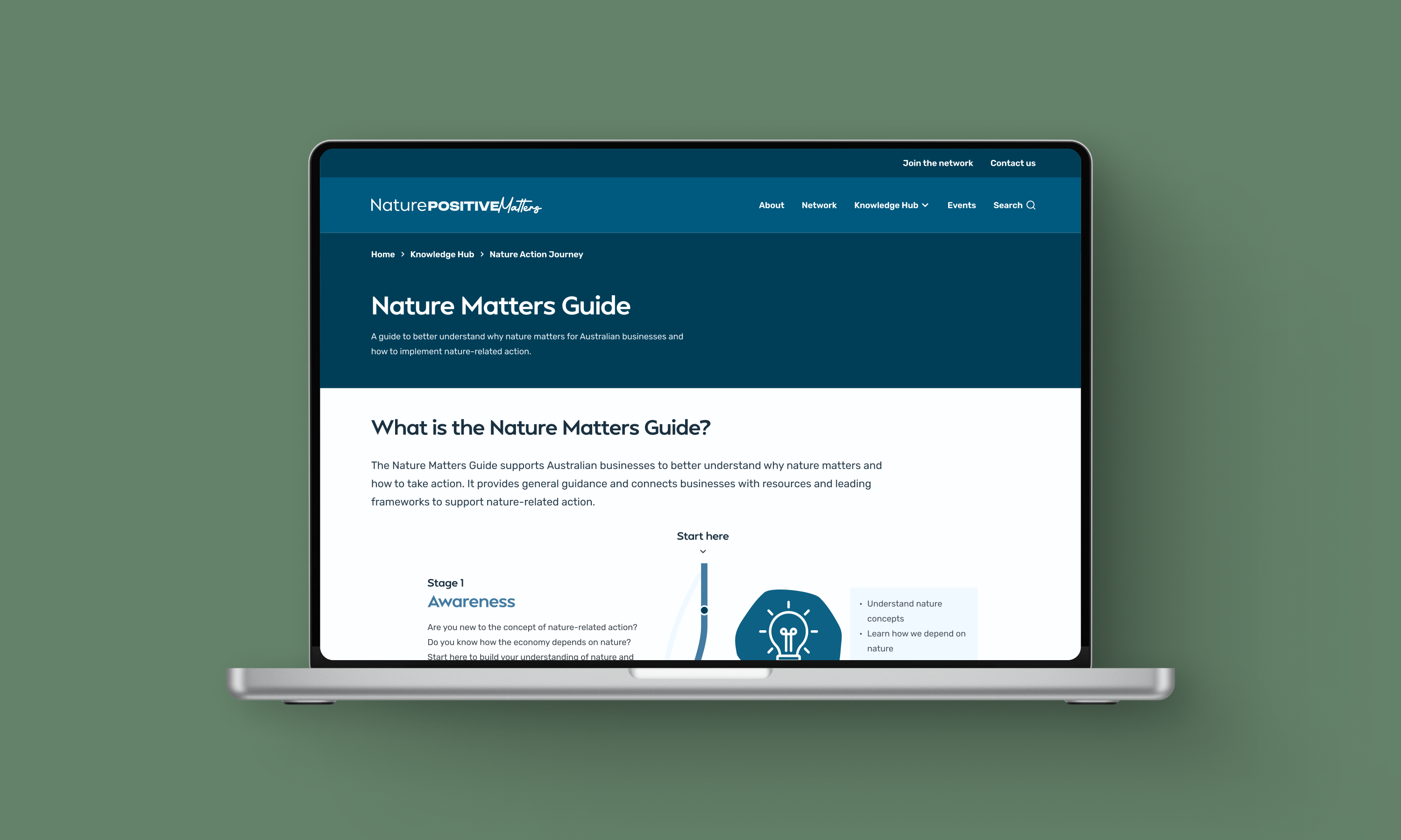 A laptop displaying the 'What is the Nature Matters Guide?' page, explaining how the guide helps Australian businesses understand why nature matters and take nature-related action.