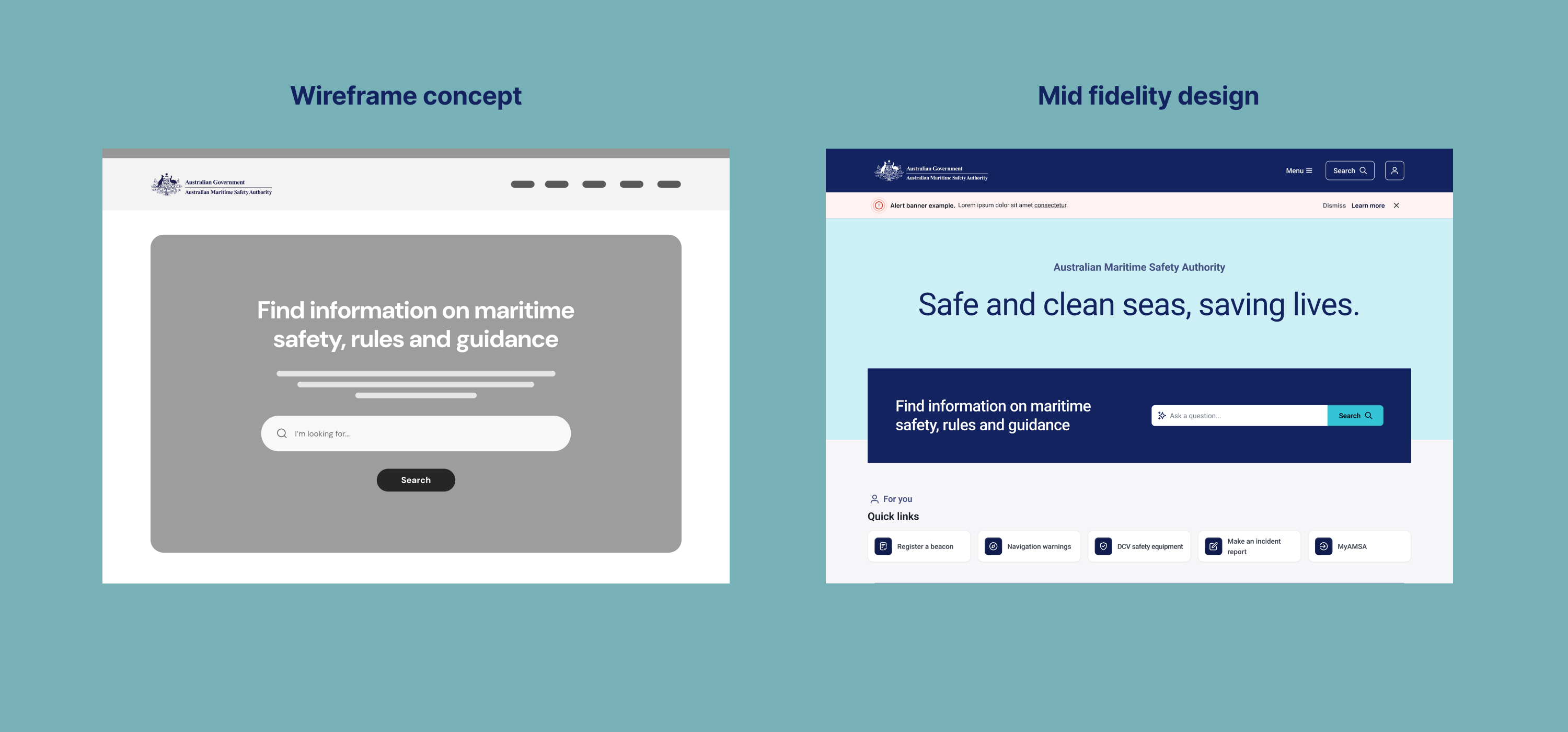 Wireframe concept next to a mid fidelity design of the AMSA homepage, showing the progression from low to higher fidelity