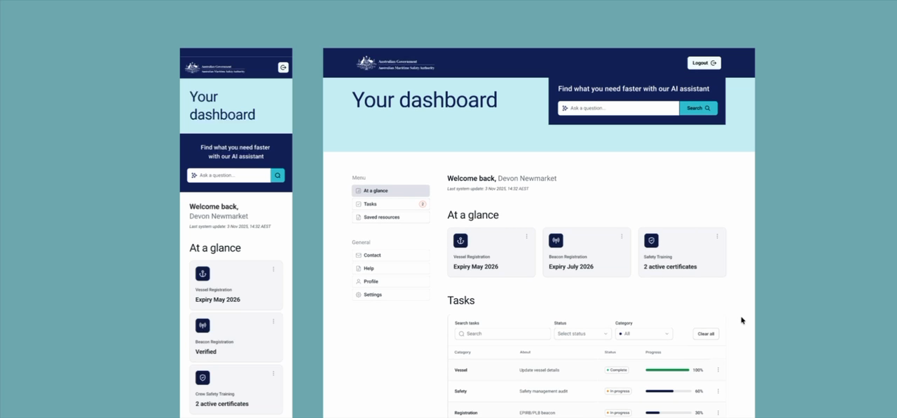 Concept for a personalised 'Your dashboard' experience in MyAMSA, showing saved resources, tasks and account details on desktop and mobile
