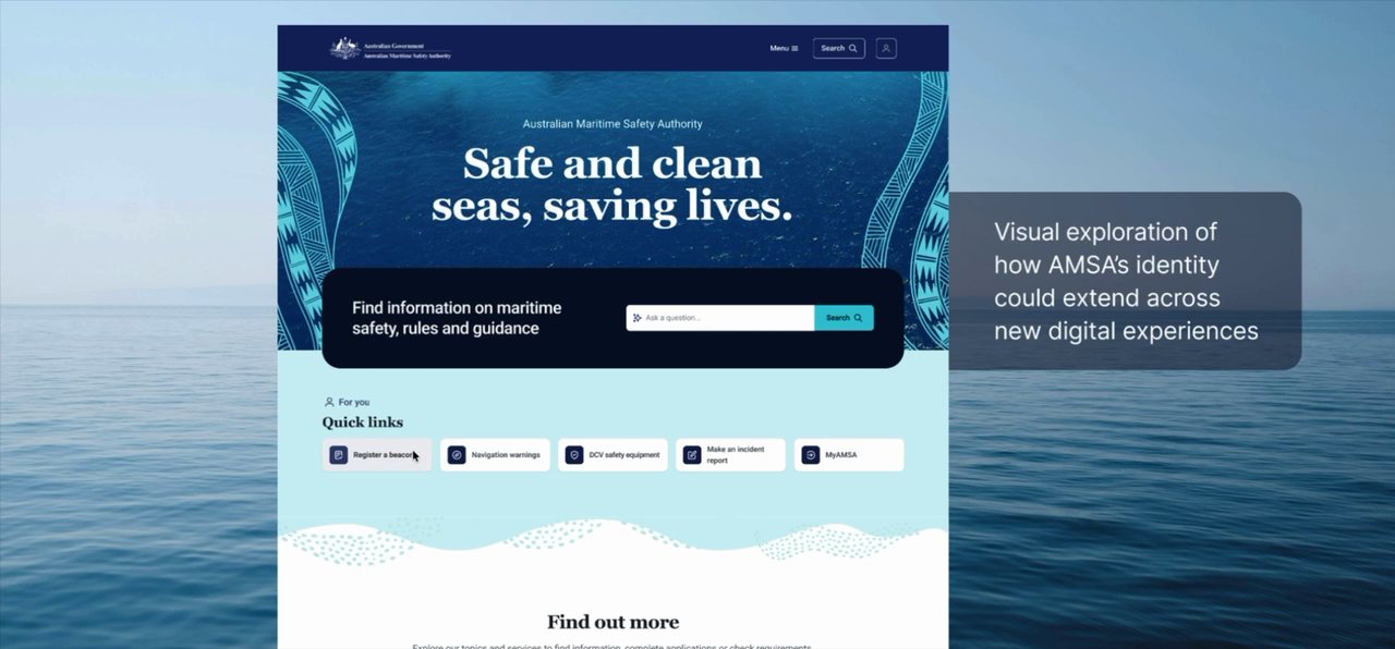 Visual exploration of how AMSA's brand identity could extend across new digital experiences, using a custom wave motif on the homepage