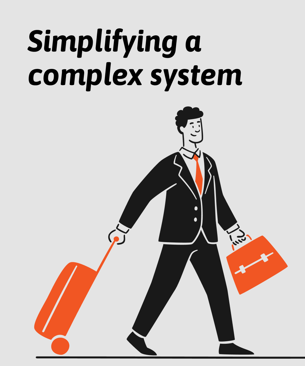 Cover image with the heading "Simplifying a complex system". An illustration shows a business traveller walking while pulling an orange suitcase and carrying an orange briefcase against a light grey background.