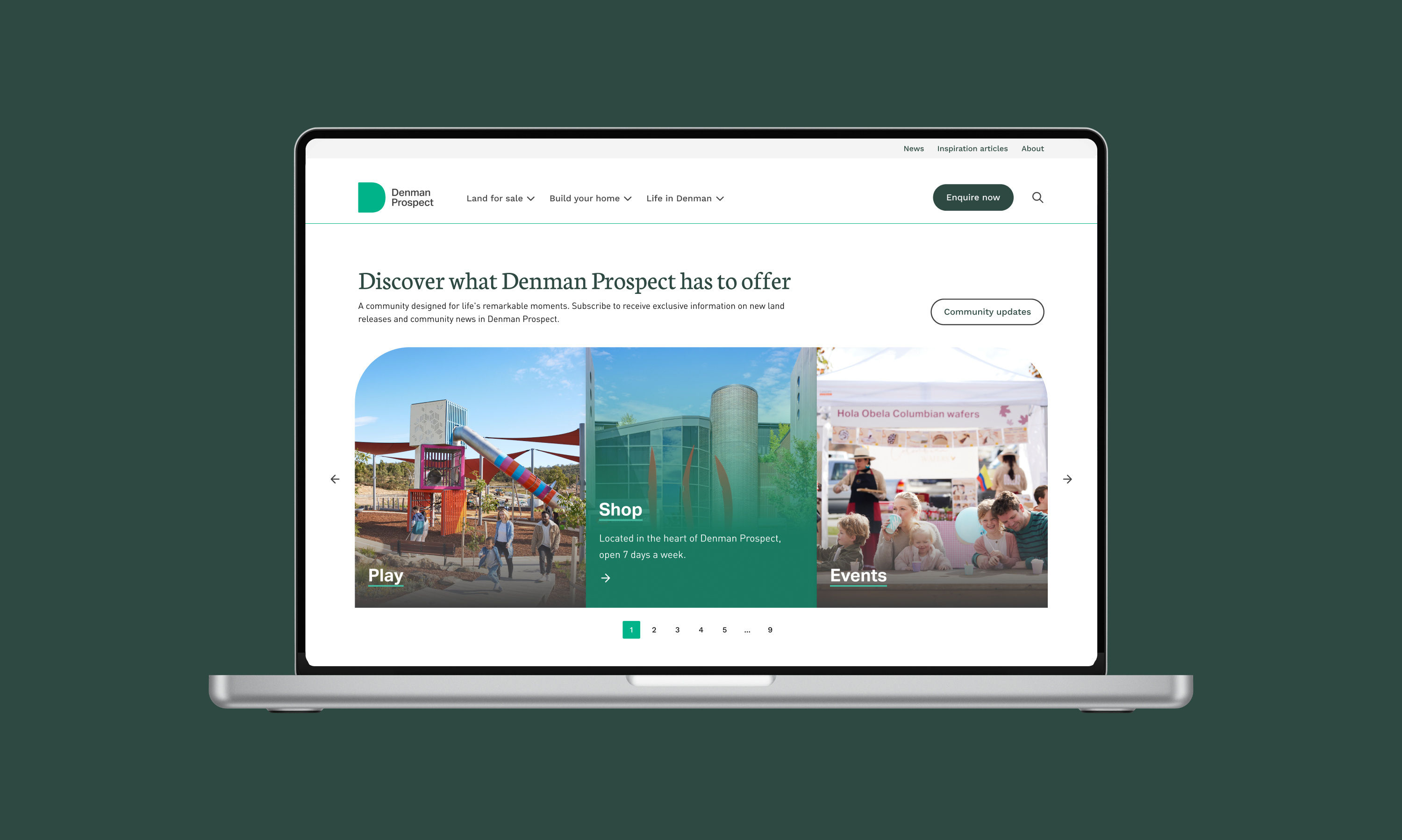 Denman Prospect homepage showing the 'Discover what Denman Prospect has to offer' carousel with Play, Shop and Events cards