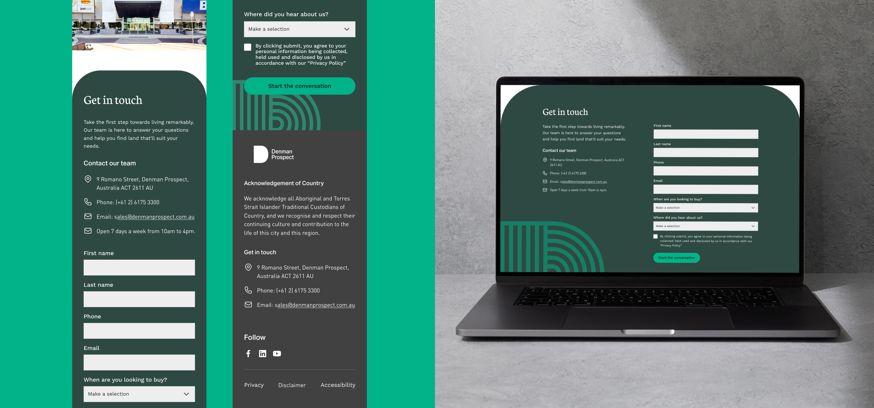 Denman Prospect 'Get in touch' enquiry form on mobile and desktop