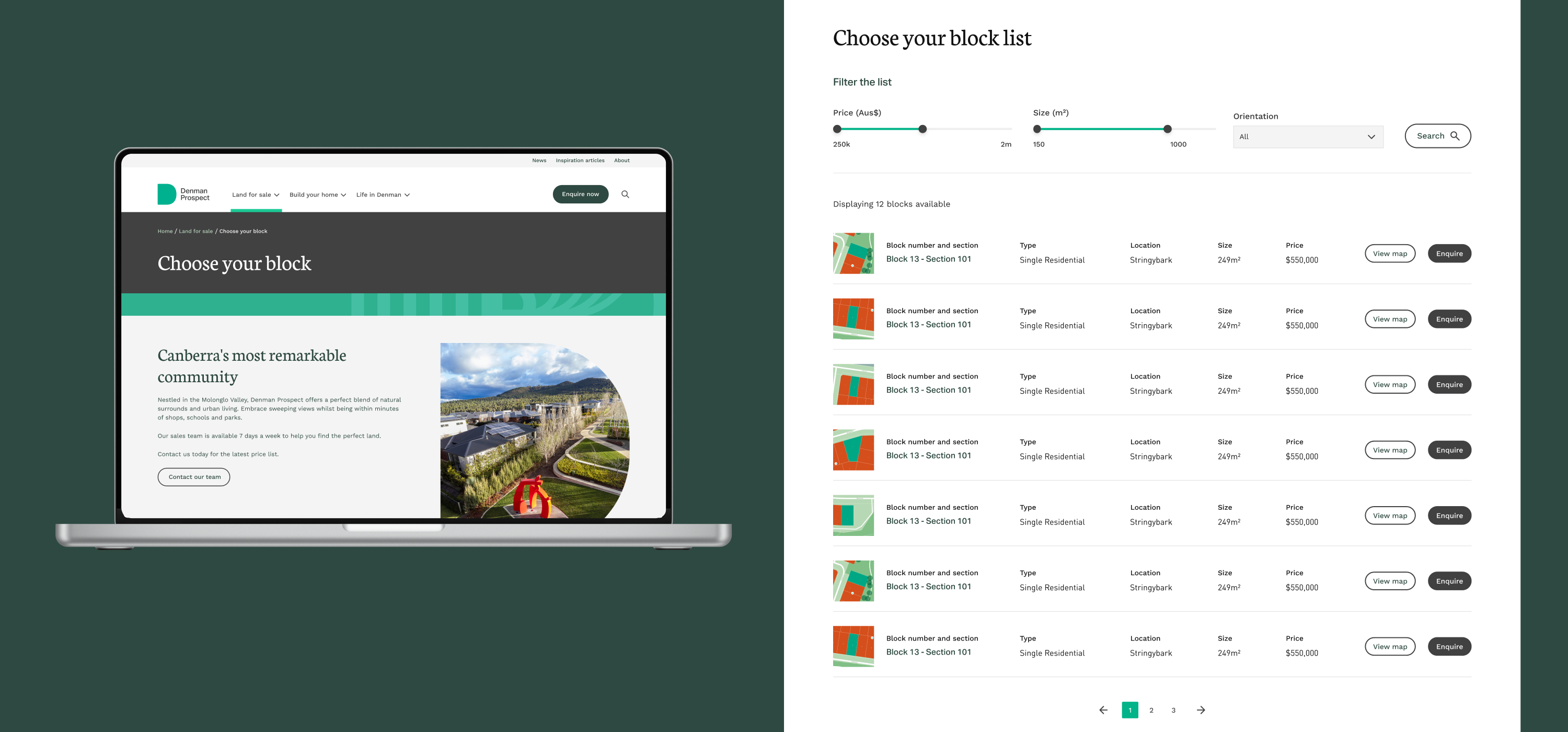 Denman Prospect 'Choose your block list' page on desktop and mobile, showing filters and redesigned block listing cards
