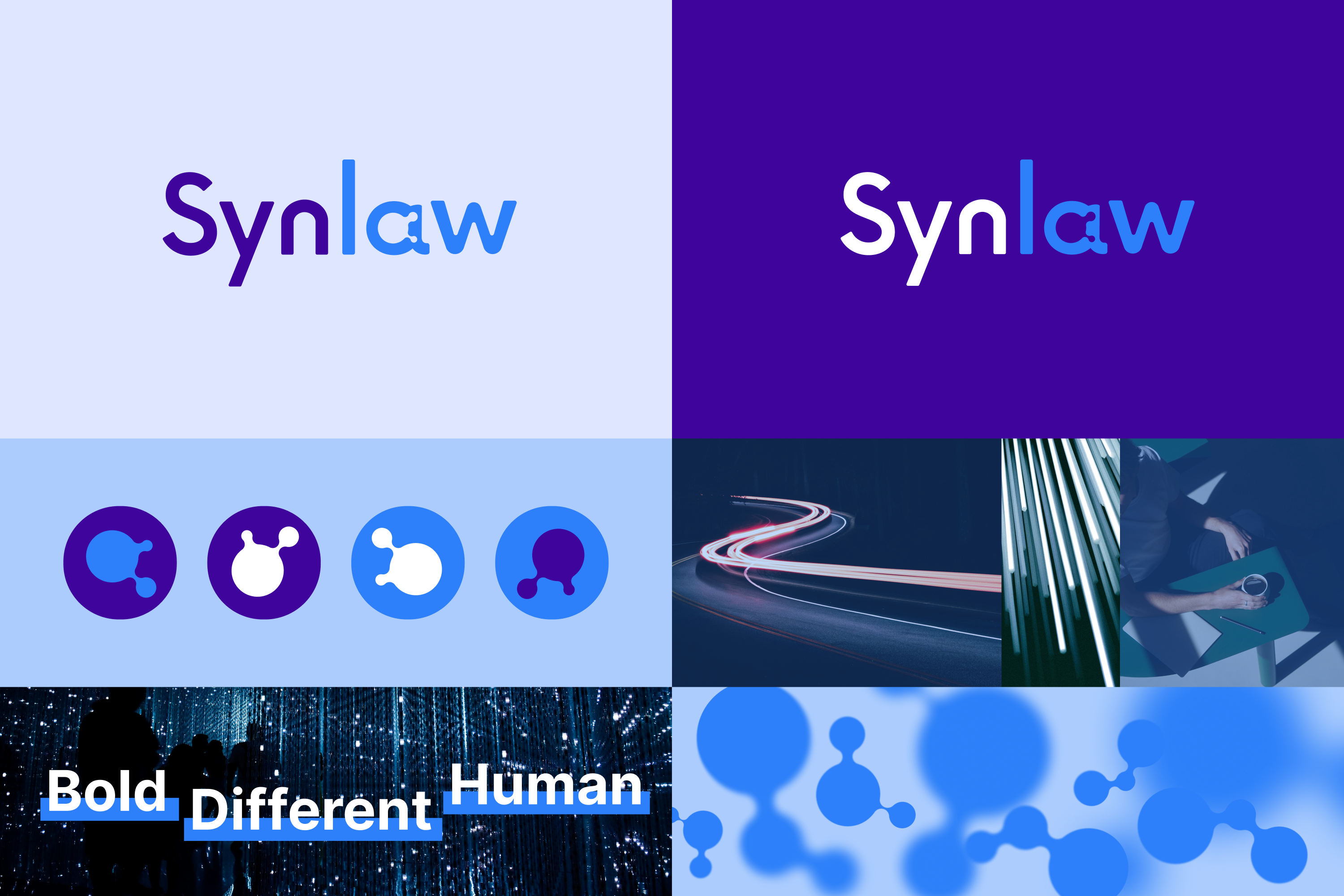 The Synlaw logo on light and dark backgrounds, alongside the node motif, graphic textures and brand tone words